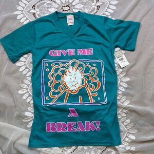 Vintage New Moves Give Me A Break Teal V-Neck Graphic T-Shirt Small 4/6 USA